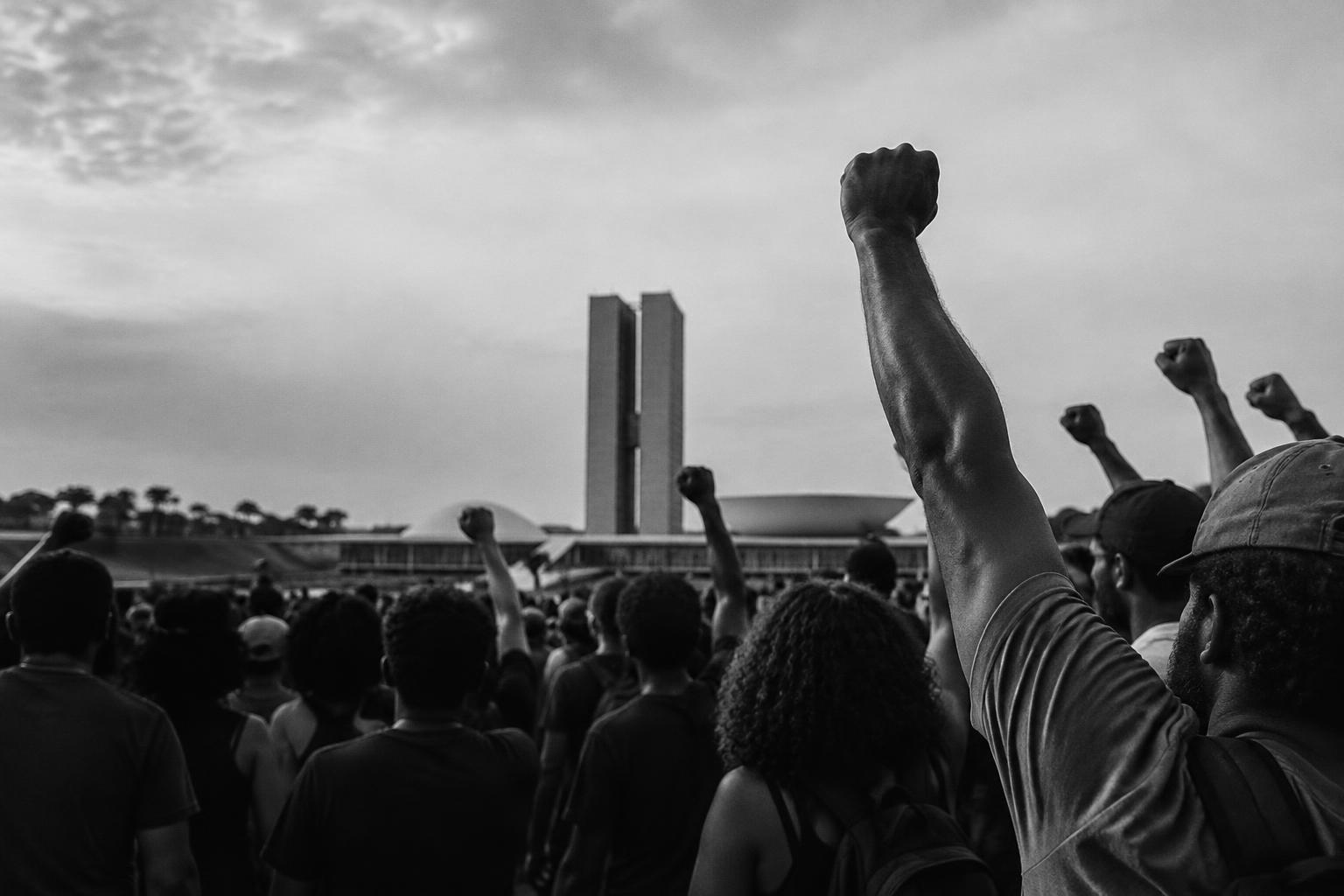 Imagem ilustrativa de uma mobilização coletiva, com punhos erguidos em Brasília.